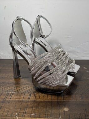 Jonathan Simkhai Silver Metallic Crystal-Strap Platform Heels